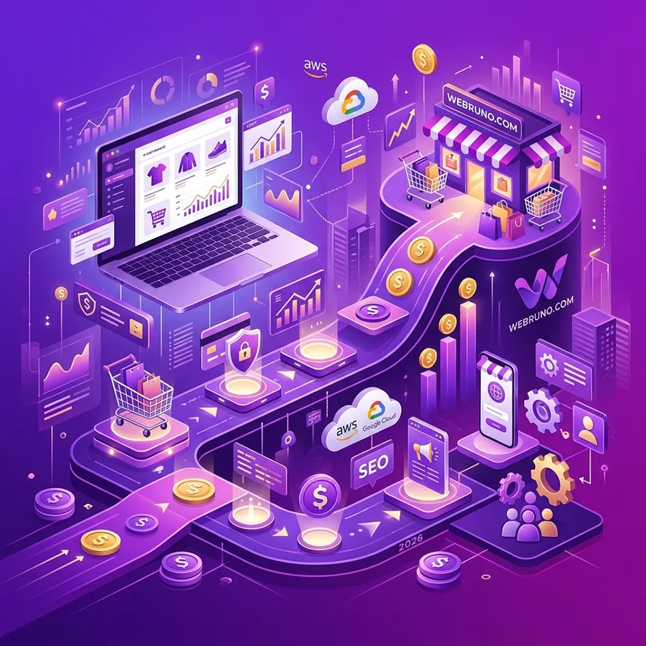 Online store cost breakdown illustration with graphs and shopping cart