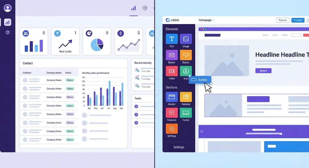 Side-by-side illustration comparing a website builder interface and a CRM dashboard interface