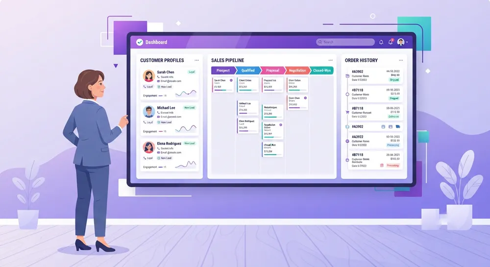 Business owner reviewing website and CRM growth results on a laptop