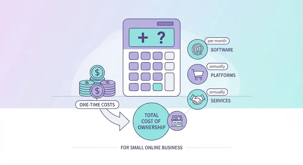 Calculator and coin icons representing the total cost of running an online store